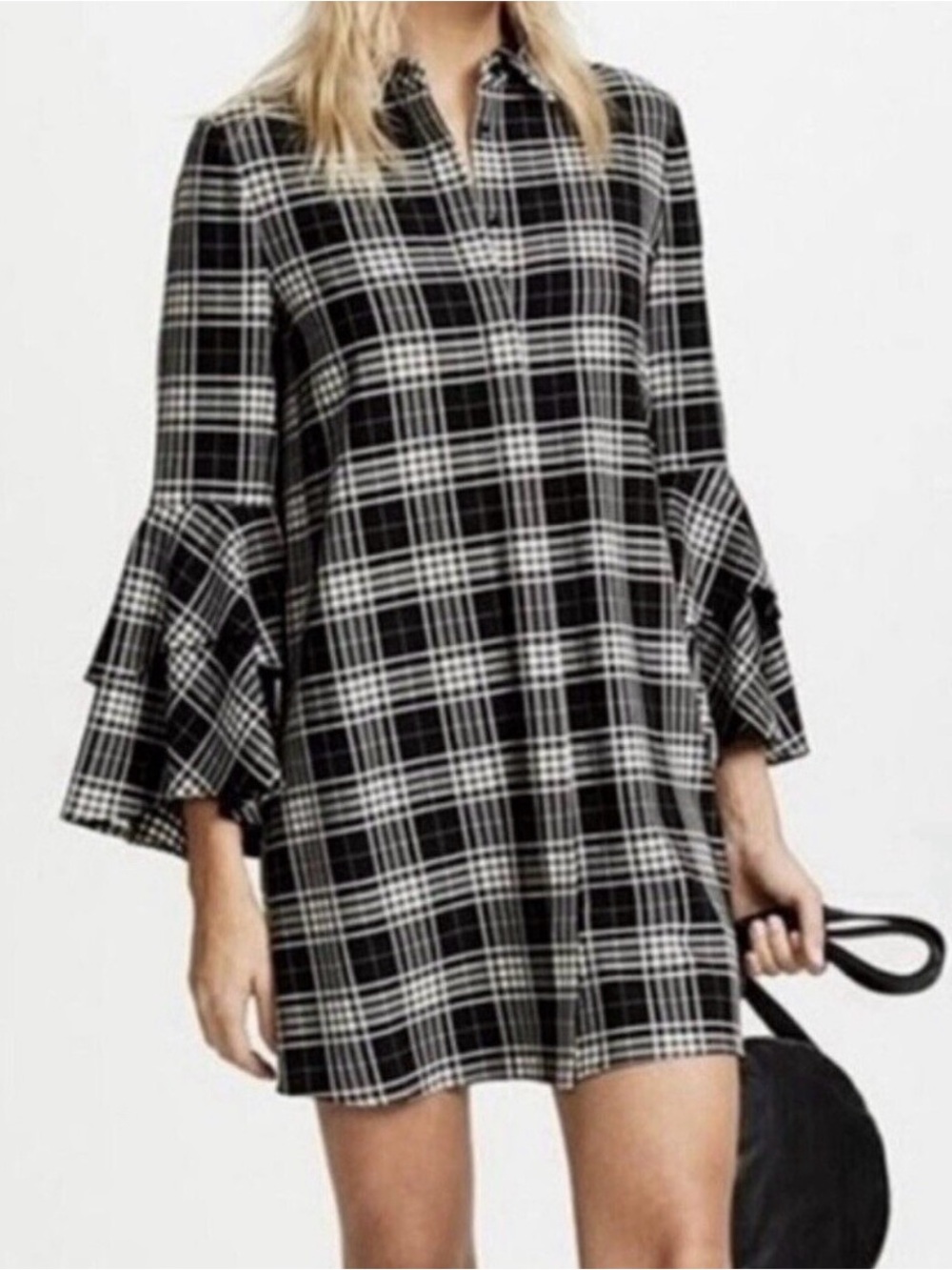 Alice + Olivia Black & White Plaid Bell Ruffle Sleeve Button down shirt Dress